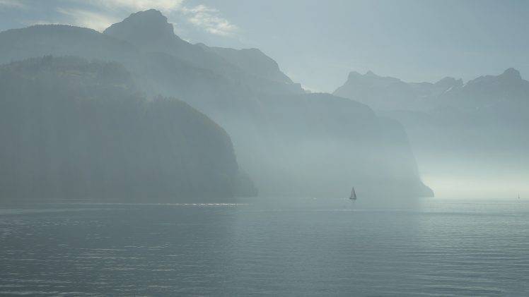 nature, Mountain, Lake, Boat, Mist HD Wallpaper Desktop Background