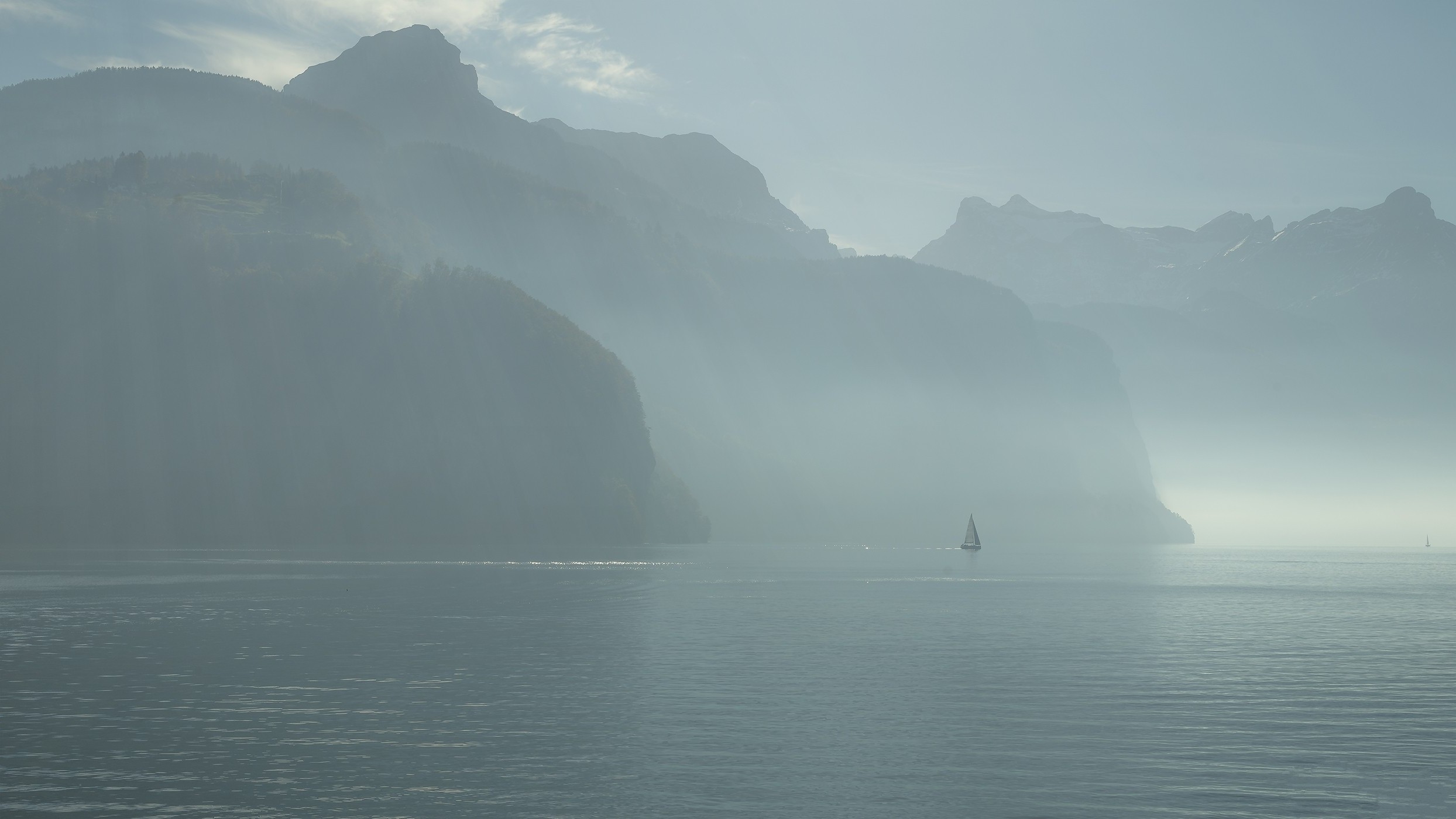 nature, Mountain, Lake, Boat, Mist Wallpaper