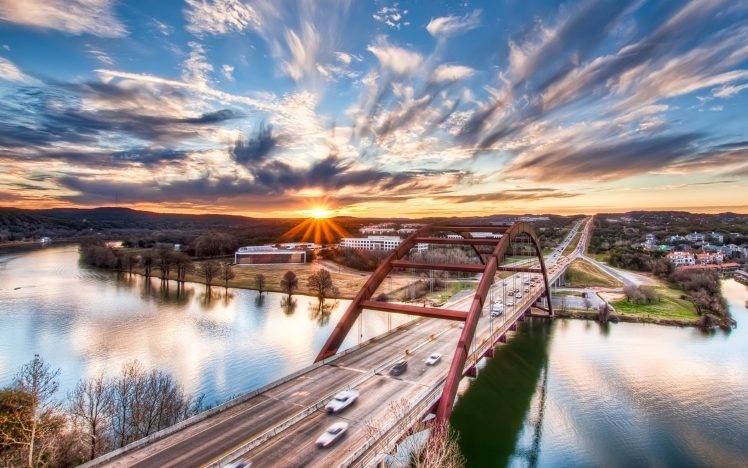 HDR, Sunset, Bridge, Texas, River, Cityscape HD Wallpaper Desktop Background