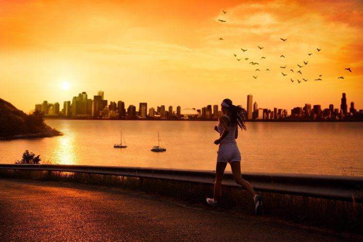 women, Sports, Road, City, River, Birds, Sunset HD Wallpaper Desktop Background