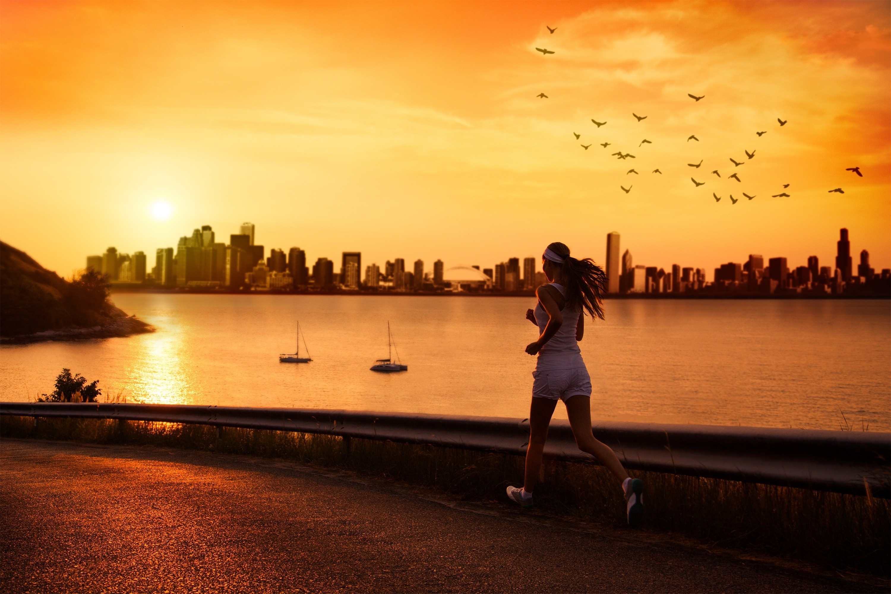 women, Sports, Road, City, River, Birds, Sunset Wallpaper