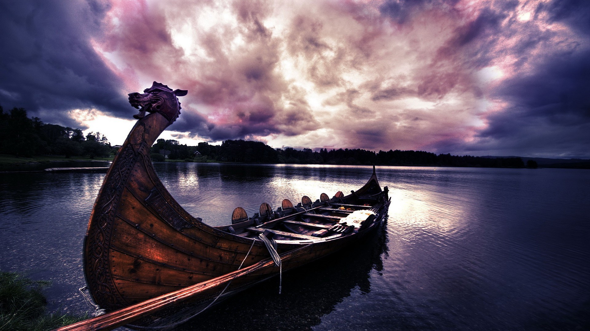 nature, Water, Boat, River, Vikings, Wood, Dragon, Trees, Clouds, Forest, Filter, Sunlight, Longships Wallpaper