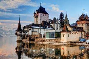 architecture, Old Building, Castle, Tower, Nature, Trees, Lake Thun, Switzerland, Water, Mountain, Alps, Clouds, Boat, Reflection