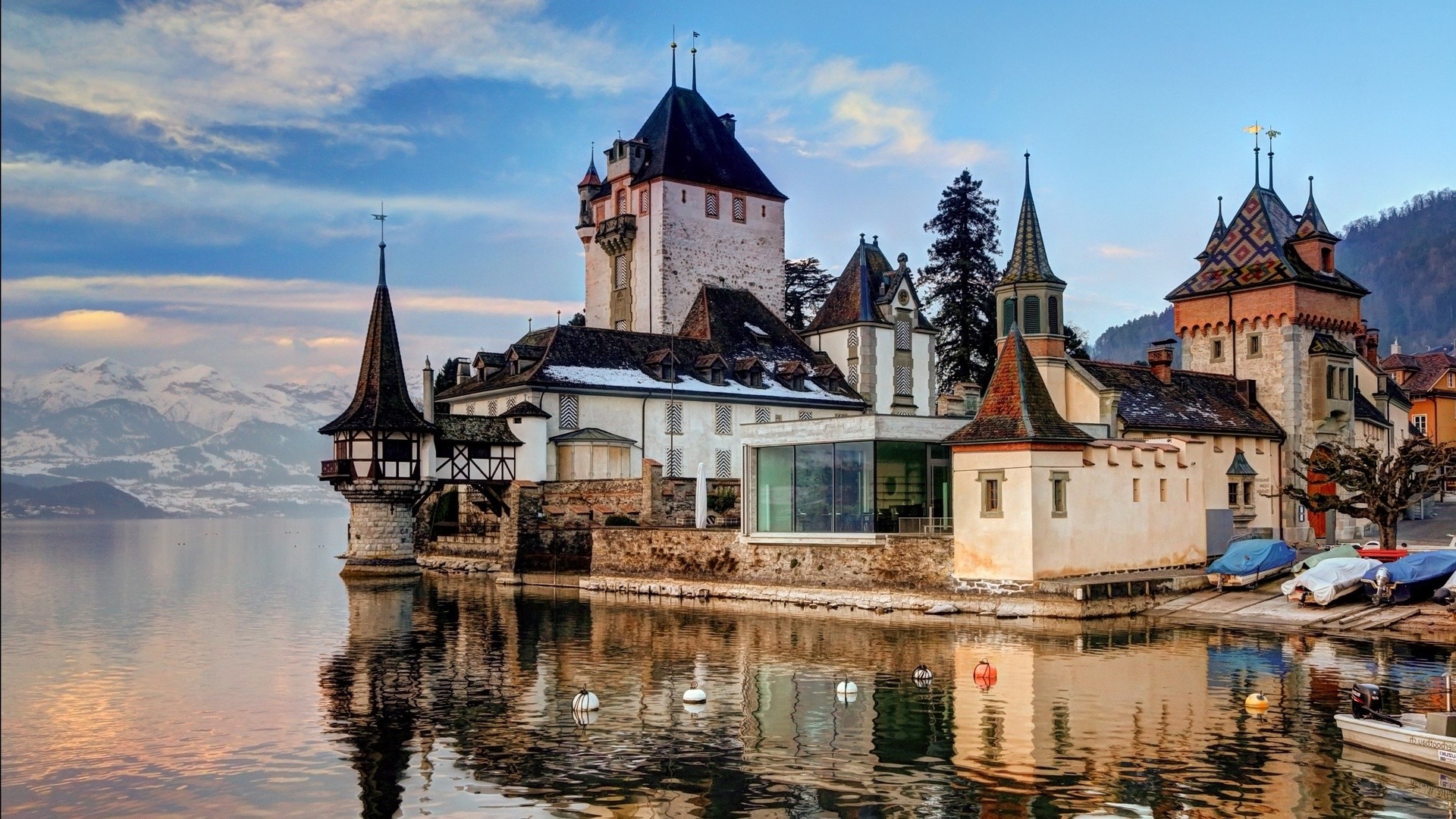 architecture, Old Building, Castle, Tower, Nature, Trees, Lake Thun, Switzerland, Water, Mountain, Alps, Clouds, Boat, Reflection Wallpaper
