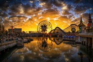 city, River, Ferris Wheel, Reflection, Pier, California, Disneyland, Sunset, Theme Parks