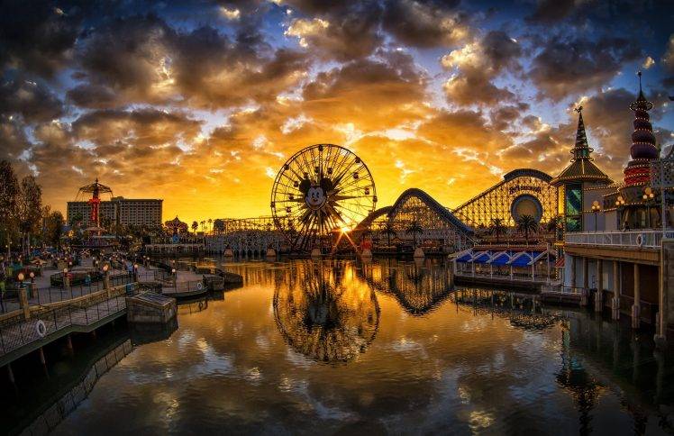 city, River, Ferris Wheel, Reflection, Pier, California, Disneyland, Sunset, Theme Parks HD Wallpaper Desktop Background
