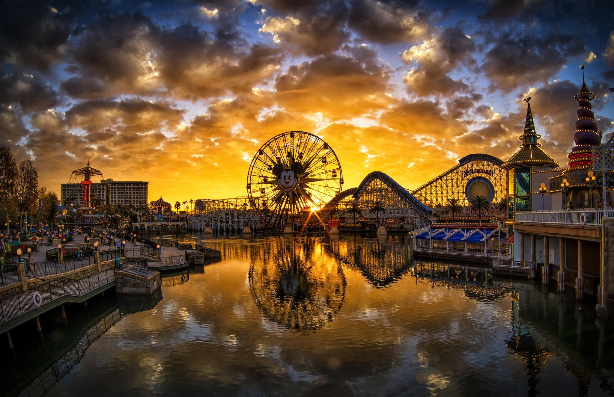city, River, Ferris Wheel, Reflection, Pier, California, Disneyland, Sunset, Theme Parks Wallpaper