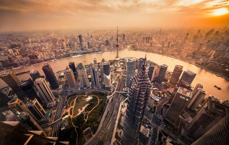 city, River, Shanghai, Cityscape, Skyscraper, Sunset HD Wallpaper Desktop Background