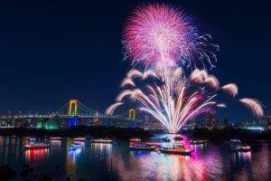 city, River, Boat, Fireworks, Bridge, Ship, Tokyo, Japan