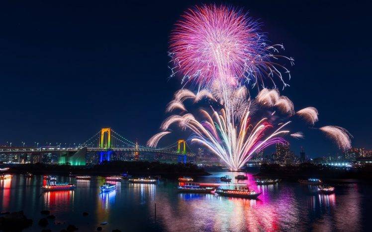 city, River, Boat, Fireworks, Bridge, Ship, Tokyo, Japan HD Wallpaper Desktop Background