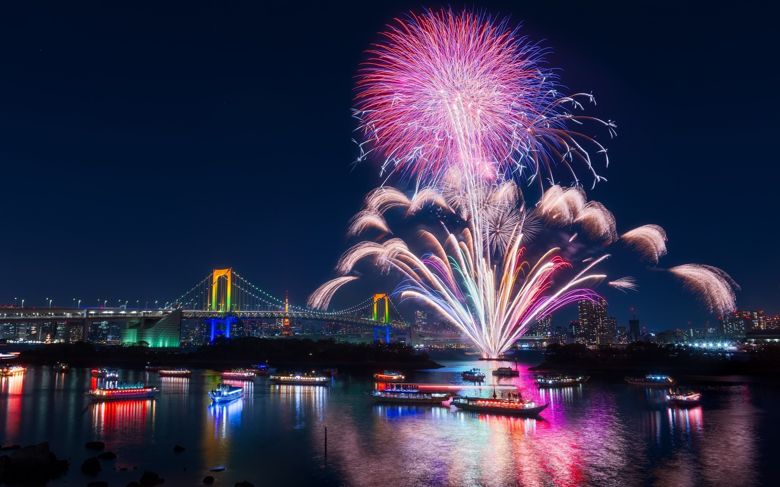 city, River, Boat, Fireworks, Bridge, Ship, Tokyo, Japan Wallpaper