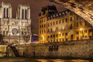 architecture, Cityscape, City, Building, Old Building, Street, Cathedral, Street Light, Paris, France, Notre dame, River, Bridge, Trees, Lamps
