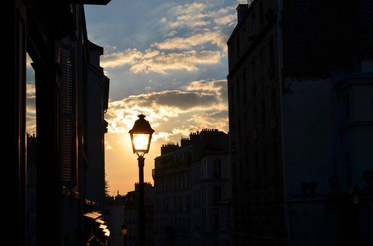 Paris, France, Night, Nature, Sun, Sunset, Clouds, Sky, Building, Street Light, Lantern HD Wallpaper Desktop Background