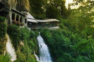 nature, Architecture, Trees, Forest, Old Building, Waterfall, Cliff, Switzerland, Rock, Arch