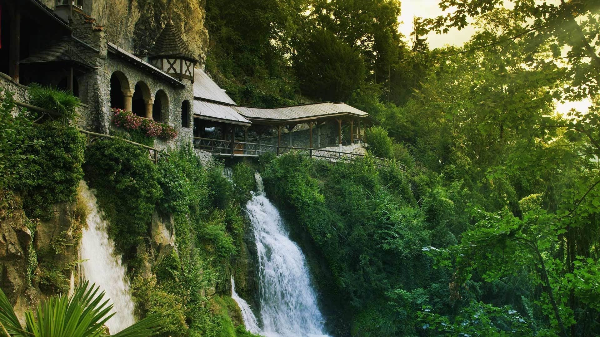 nature, Architecture, Trees, Forest, Old Building, Waterfall, Cliff, Switzerland, Rock, Arch Wallpaper