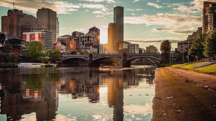 water, Building, Cityscape, City, Melbourne, Australia, Bridge, Skyscraper, Sun Rays, Clouds, Reflection, Kayaks, Trees, Boat, River HD Wallpaper Desktop Background
