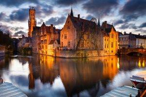 cityscape, Architecture, Building, City, Bruges, Belgium, House, River, Bridge, Clouds, Evening, Long Exposure, Lights, Boat, Trees, Reflection