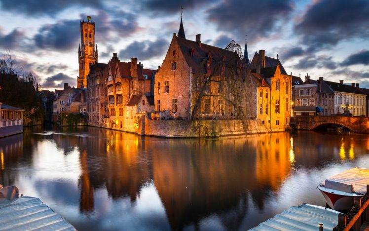 cityscape, Architecture, Building, City, Bruges, Belgium, House, River, Bridge, Clouds, Evening, Long Exposure, Lights, Boat, Trees, Reflection HD Wallpaper Desktop Background