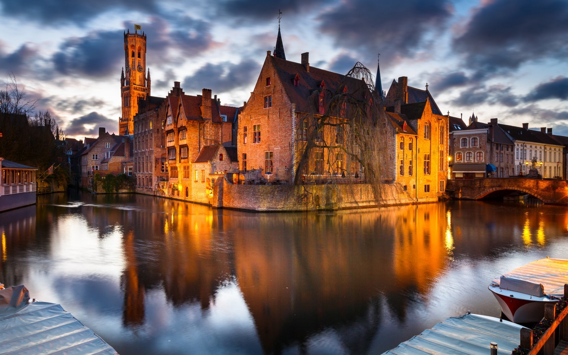 cityscape, Architecture, Building, City, Bruges, Belgium, House, River, Bridge, Clouds, Evening, Long Exposure, Lights, Boat, Trees, Reflection Wallpaper