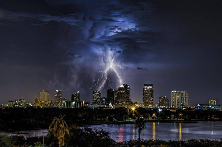 Tampa, Florida, USA, City, Cityscape, Lightning, Clouds, Night, Storm, Nature HD Wallpaper Desktop Background