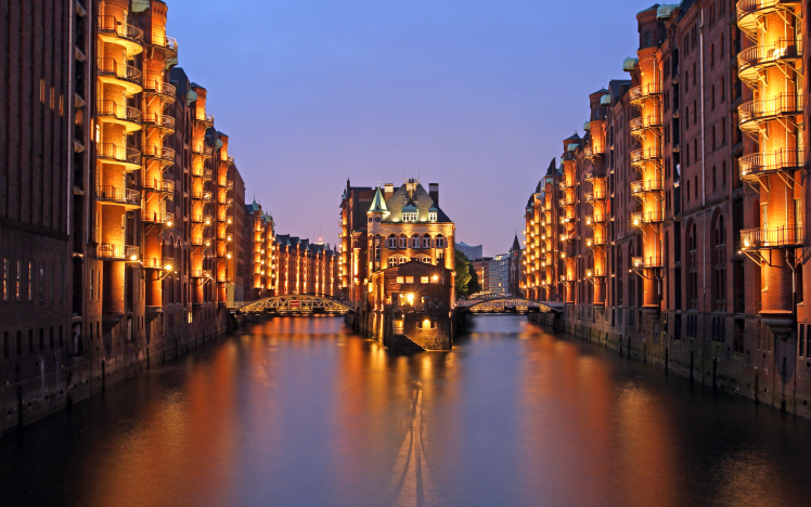 Hamburg, River, Cityscape, City, Lights, Architecture, Water, Building, Dusk, Bridge, Germany HD Wallpaper Desktop Background