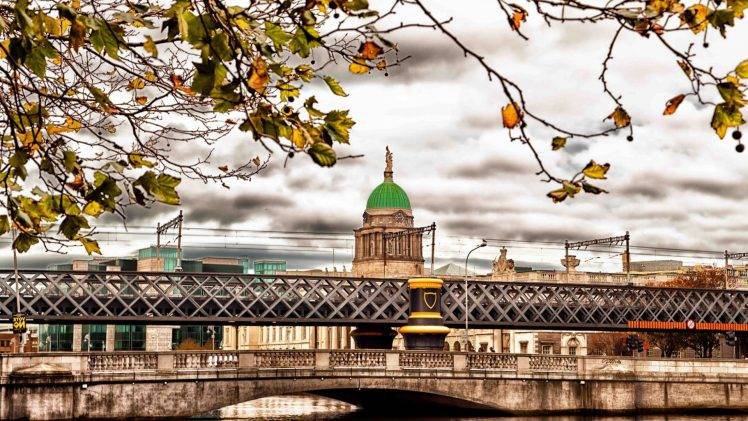 architecture, Cityscape, City, Capital, Building, Street, Dublin, Ireland, Bridge, Cathedral, Trees, Leaves, Clouds, HDR, River HD Wallpaper Desktop Background