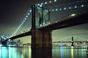 city, Urban, Bridge, Lights, River, Reflection, Brooklyn Bridge, New York City