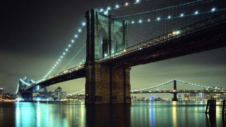 city, Urban, Bridge, Lights, River, Reflection, Brooklyn Bridge, New York City HD Wallpaper Desktop Background