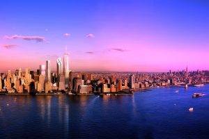 city, Urban, Cityscape, Panoramas, Sunset, Manhattan, New York City, River, Coast