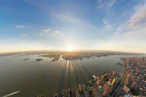 city, Urban, Aerial View, New York City, Sunlight, Boat, River
