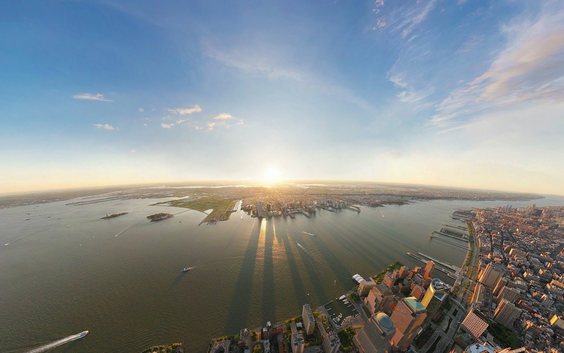 city, Urban, Aerial View, New York City, Sunlight, Boat, River Wallpaper