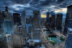 Chicago, USA, City, Cityscape, Building, Skyscraper, Clouds, Sunset, River, Bridge, Road, HDR