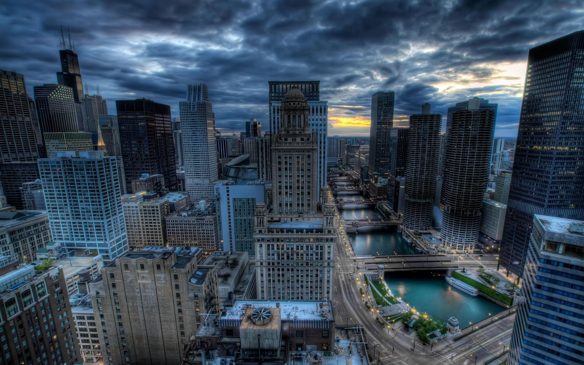 Chicago, USA, City, Cityscape, Building, Skyscraper, Clouds, Sunset, River, Bridge, Road, HDR Wallpaper