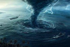 nature, Water, Digital Art, Sea, Tornado, Storm, Lightning, Ship, Mountain, Palm Trees, Vortex, Whirling, Aircraft Carrier, Aircraft, Helicopters, Satellite, Trees, Forest, Aerial View, Apocalyptic, Birds Eye View