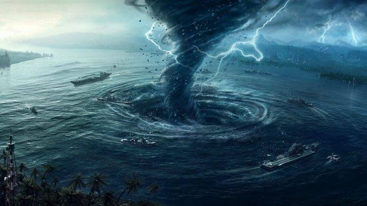 nature, Water, Digital Art, Sea, Tornado, Storm, Lightning, Ship, Mountain, Palm Trees, Vortex, Whirling, Aircraft Carrier, Aircraft, Helicopters, Satellite, Trees, Forest, Aerial View, Apocalyptic, Birds Eye View HD Wallpaper Desktop Background