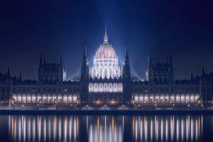 architecture, Cityscape, City, Building, Night, Lights, Budapest, Hungary, River, Old Building, Reflection, Water, Hungarian Parliament Building, Europe