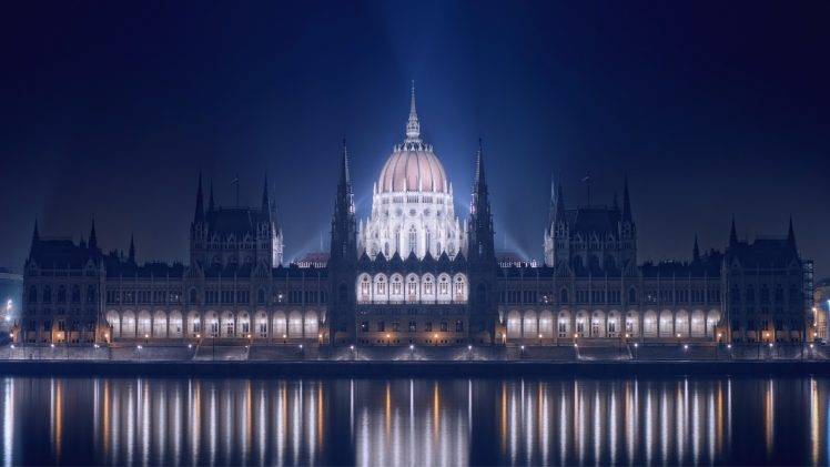 architecture, Cityscape, City, Building, Night, Lights, Budapest, Hungary, River, Old Building, Reflection, Water, Hungarian Parliament Building, Europe HD Wallpaper Desktop Background