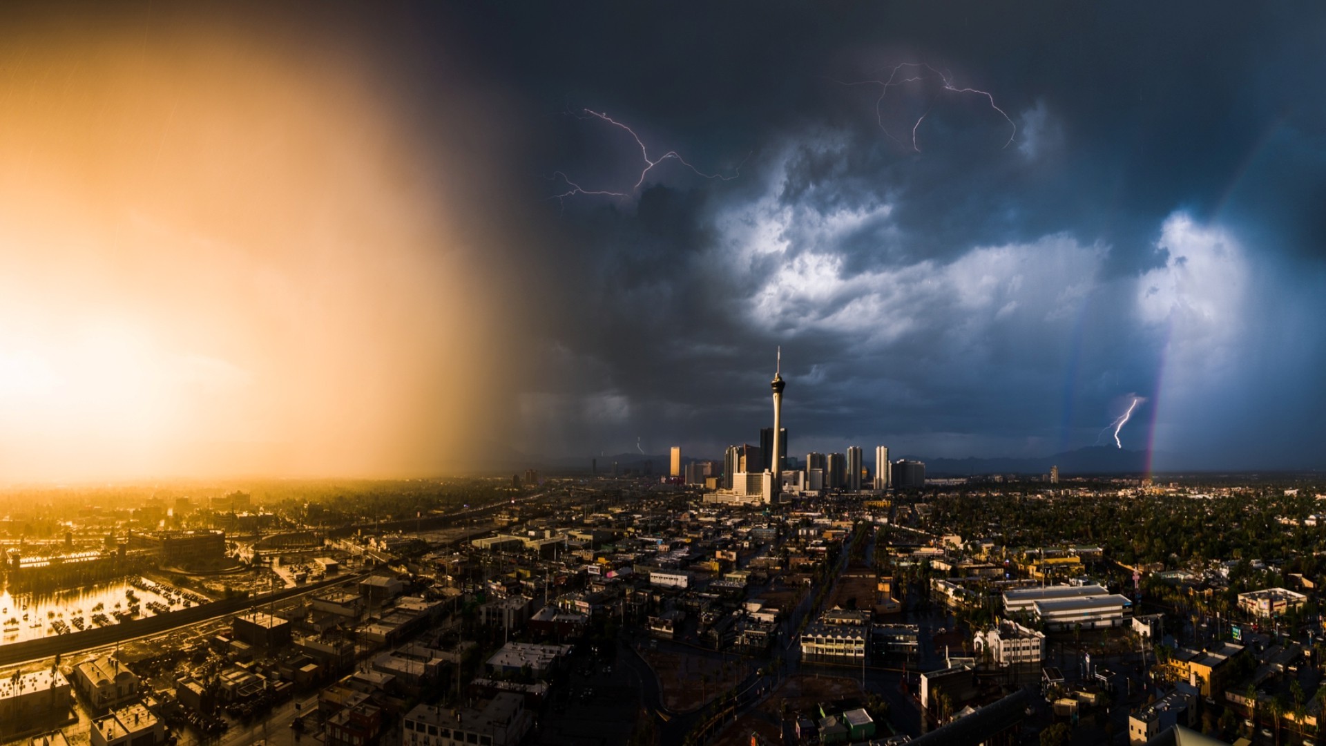 city, Cityscape, Las Vegas, USA, Lightning, Rainbows, Sunset, Clouds, Storm, Nature Wallpaper