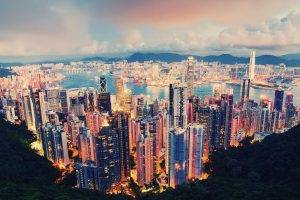 Hong Kong, City, Cityscape, River, Clouds, Lights, Skyscraper