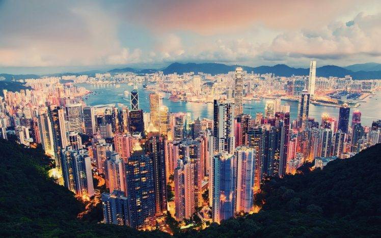 Hong Kong, City, Cityscape, River, Clouds, Lights, Skyscraper HD Wallpaper Desktop Background