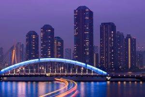 cityscape, City, Building, Tokyo, Japan, Bridge, Skyscraper, Water, River, Lights, Light Trails, Long Exposure, Reflection, Street Light, Ship, Architecture, Cranes (machine)