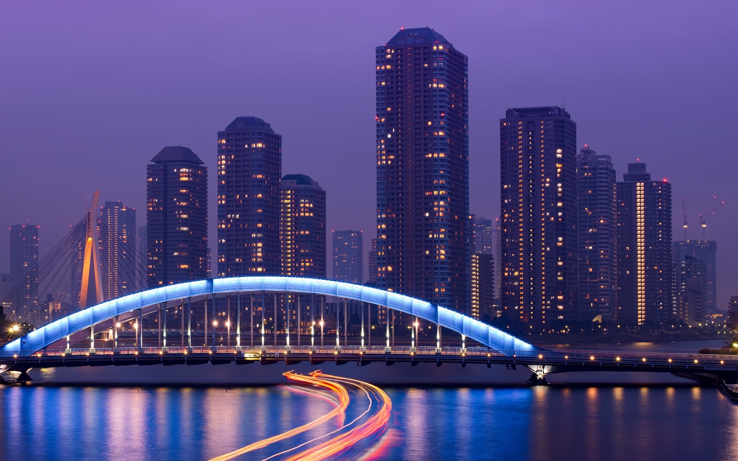 cityscape, City, Building, Tokyo, Japan, Bridge, Skyscraper, Water, River, Lights, Light Trails, Long Exposure, Reflection, Street Light, Ship, Architecture, Cranes (machine) Wallpaper