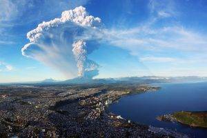 cityscape, City, Building, Chile, Nature, Volcano, Eruption, Smoke, Mountain, Snowy Peak, Water, Sea, Hill, House, Clouds, Birds Eye View, Aerial View, Coast