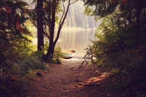 forest, Lake, Boat, Trees, Reflection