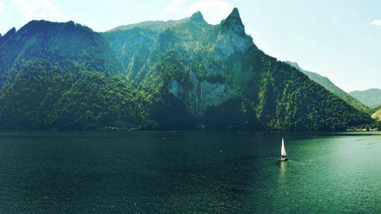 nature, Water, Mountain, Trees, Boat, Sky, Summer, Lake HD Wallpaper Desktop Background