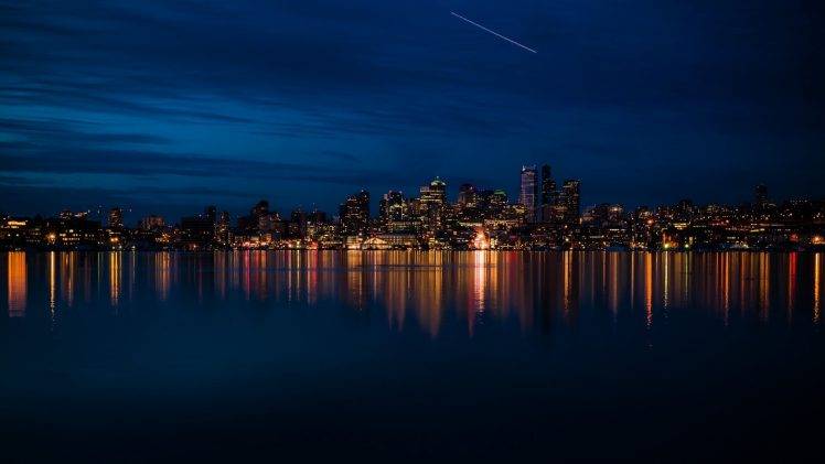 evening, Night, Sea, Lake, City, Reflection HD Wallpaper Desktop Background