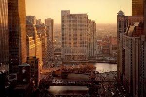 city, Cityscape, Sunrise, River, Bridge, Building, Chicago, USA, Road, Car