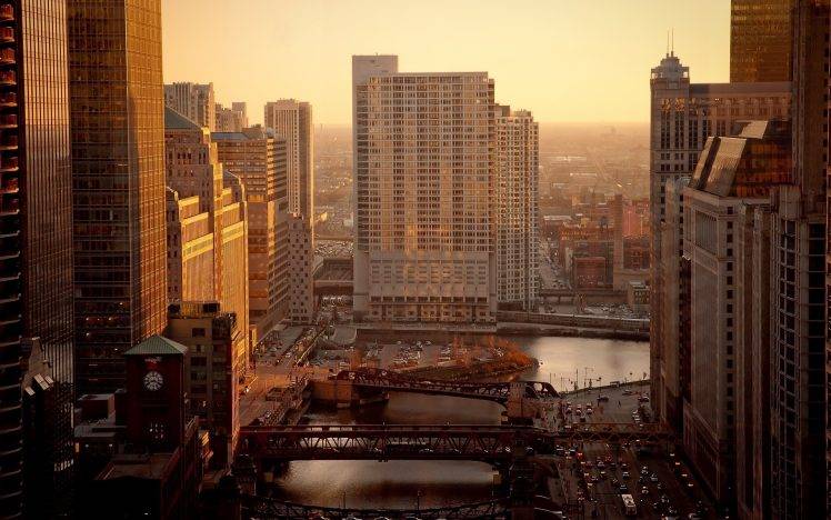 city, Cityscape, Sunrise, River, Bridge, Building, Chicago, USA, Road, Car HD Wallpaper Desktop Background