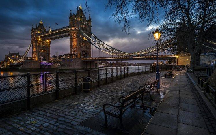 city, London, England, Tower Bridge, Bridge, Street, Street Light, Night, Cobblestone, River Thames HD Wallpaper Desktop Background