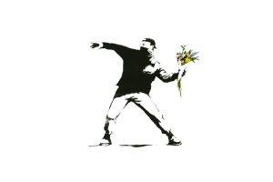 minimalism, White Background, Banksy, Graffiti, Men, Flowers, Selective Coloring, Protestors